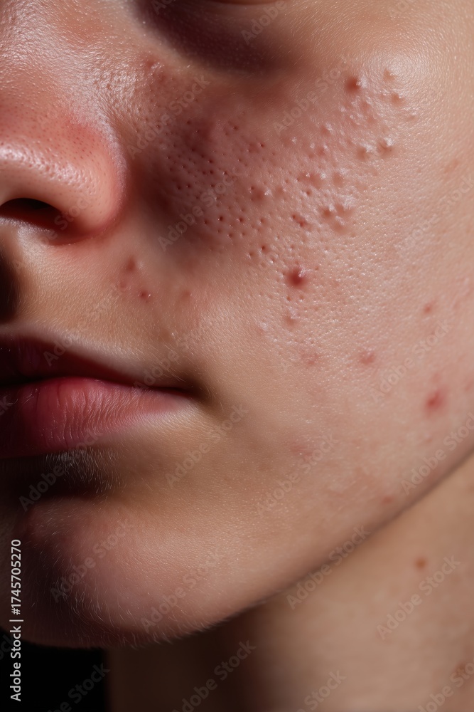 Fototapeta premium Close-up of skin displaying acne, large pores, and skin imperfections. Focus on texture and skin health conditions.