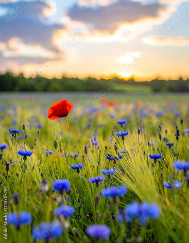 Vibrant sunset over a field of wildflowers. A single poppy stands out against a sea of cornflowers