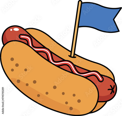 Classic hot dog with ketchup and blue flag illustration vector