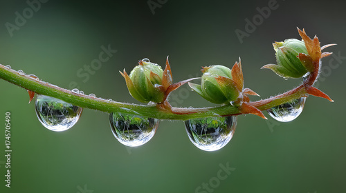 Macro shot of dew drops on a green stem with budding flowers, showcasing intricate details and vibrant colors.