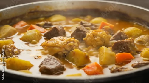 Hearty stew simmering with meat and vegetables