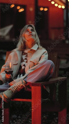 Vertical video of a woman sitting by a fire with a glass of wine