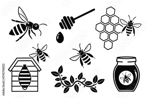 Bee and honey themed silhouettes for nature and apiary design .