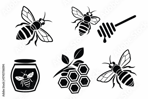 Bee and honey themed silhouettes for nature and apiary design .