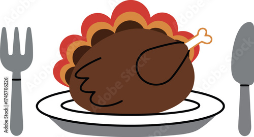 Cartoon roasted turkey dinner plate cutlery festive meal vector