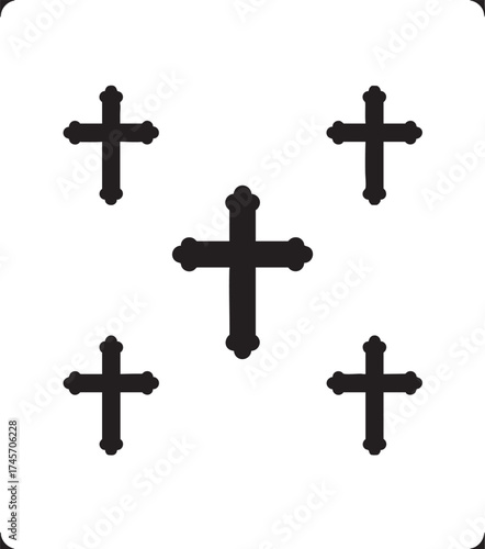 Five Black Christian Crosses on White Background, Religious Symbol Collection