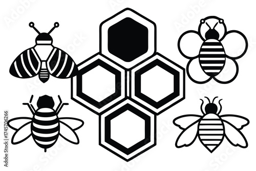Bee and honey themed silhouettes for nature and apiary design .