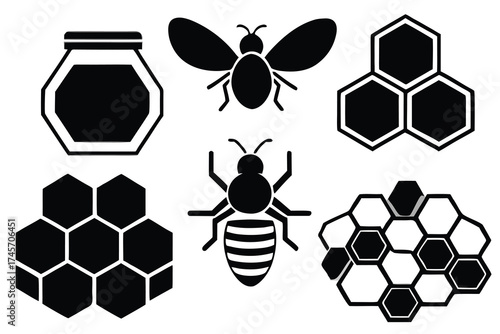 Bee and honey themed silhouettes for nature and apiary design .