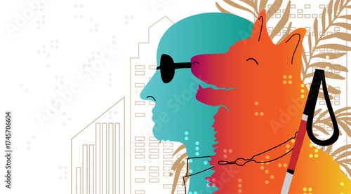 Blind people in urban space. Vector conceptual illustration. A blind man with a guide dog on the background of a city and Braille