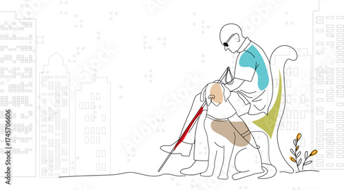 Blind people in urban space. Vector conceptual illustration. A blind man with a guide dog on the background of a city and Braille. Line art