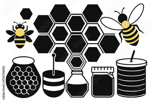 Bee and honey themed silhouettes for nature and apiary design .