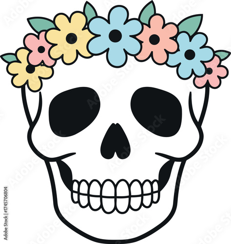 Whimsical skull floral wreath day of the dead boho art vector