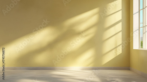 Abstract pastel yellow studio background. Empty room with shadows of window