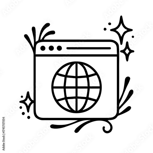 Minimalist Internet Browser Icon – Globe in Window with Sparkles and Motion Lines