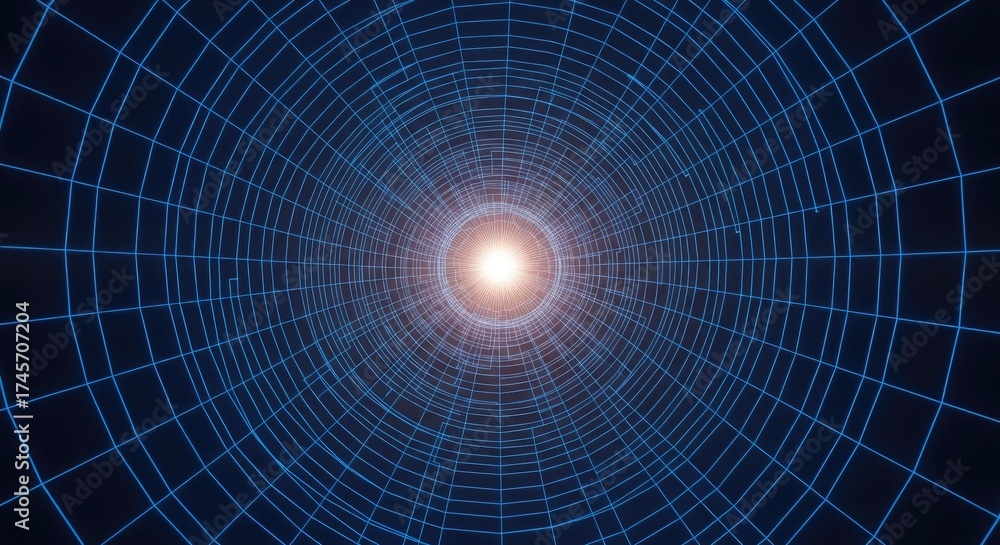 Fototapeta premium Blue Wireframe Tunnel with Glowing Center abstract