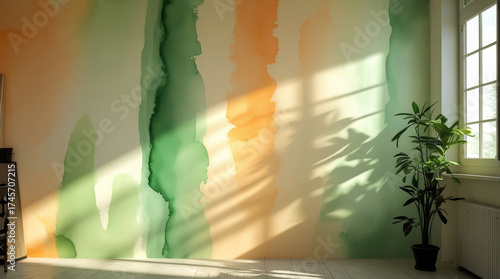 Minimalist room in orange and green tones with sunlight shadows and green plants