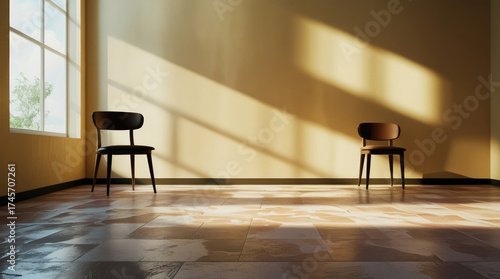 Minimalist warm room with two chairs and sunlight in orange tones