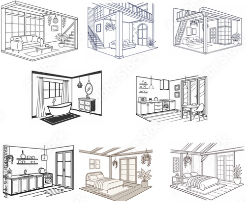Minimalist interior vector set, isometric line art of modern kitchen and cozy bedroom with bohemian bathroom. Monochrome sketch collection for house decor design.