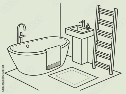 Minimalist line art illustration of a bohemian bathroom interior, featuring a freestanding bathtub and vintage vanity. Monochrome vector with simple sketch style emphasizing cozy and modern design.