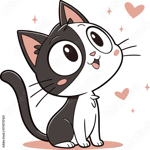 Funny cute black and white cat cartoon vector illustration, adorable kitten character sitting and looking up with a big smile. Happy pet animal flat design with heart and star elements, ideal for kids