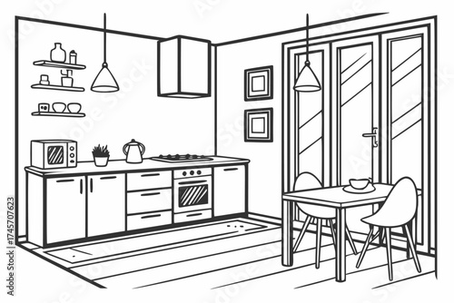 Minimalist kitchen design, isometric vector line art illustration showing the cabinets, oven, and sink area. Monochrome sketch of a bohemian interior with a houseplant and simple shelves, perfect for 