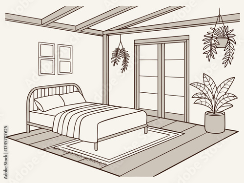 Isometric bedroom interior, vector line art illustration of a minimalist and bohemian room with a bed and houseplants. Sketch drawing of modern home decor with a terrace style ceiling and windows.