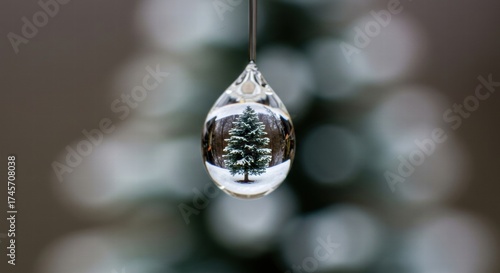 Christmas Tree Reflected in a Water Droplet, Surrounded by Snowy Forest Background