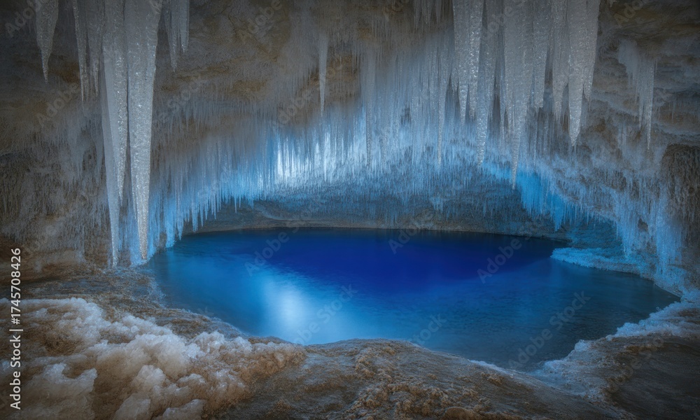 Naklejka premium Deep blue pool within a cavern, frozen icicles hanging from above