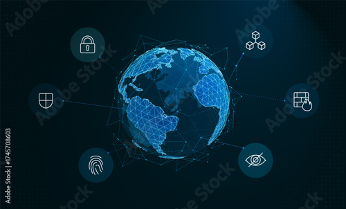 3D Polygonal planet earth, security icons and network lines. Abstract background of digital protection, safe data transmission, and cybersecurity across global internet systems. Blockchain technology