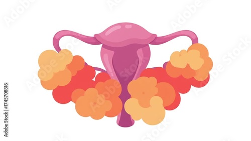 Animated uterus illustration with red and yellow flares highlighting potential health issues in a vibrant and impactful educational video sequence
