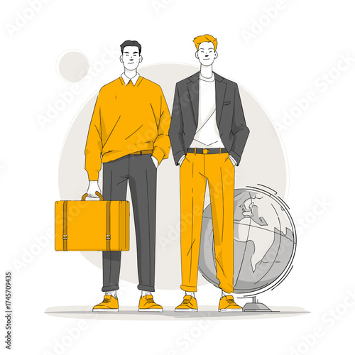 Two friends with a diplomat on a globe background