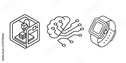 3D printer smart watch and artificial intelligence icon