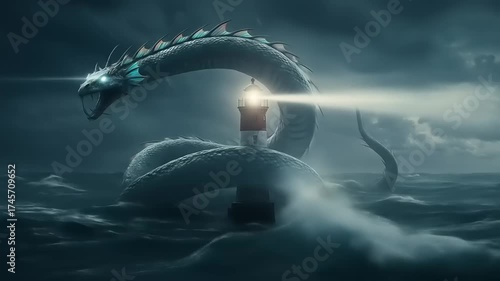 Mythical sea serpent illuminated by lighthouse beam