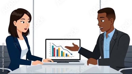 Animated business team reviews declining graphs on laptop in modern office, strategizing for improvement and celebrating innovative solutions together