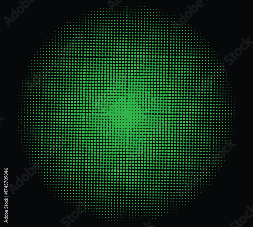 Abstract green circular grid pattern evolving towards a bright center of light Artistic background wallpaper with color halftone effect