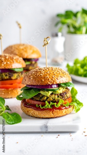 Three veggie burgers on buns, topped with lettuce, tomato, onion, and avocado