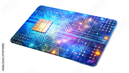 Modern credit card with futuristic circuit board design isolated on transparent background, a digital payment solution