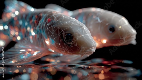 This digital art depicts translucent fish with intricate geometric patterns, reflecting light beautifully and symbolizing the fluidity and elegance of underwater life and nature.