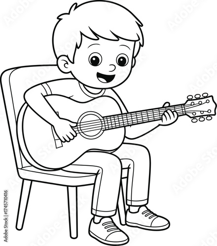 A happy young boy playing an acoustic guitar is a common choice for stock photos representing child musicians or the joy of music