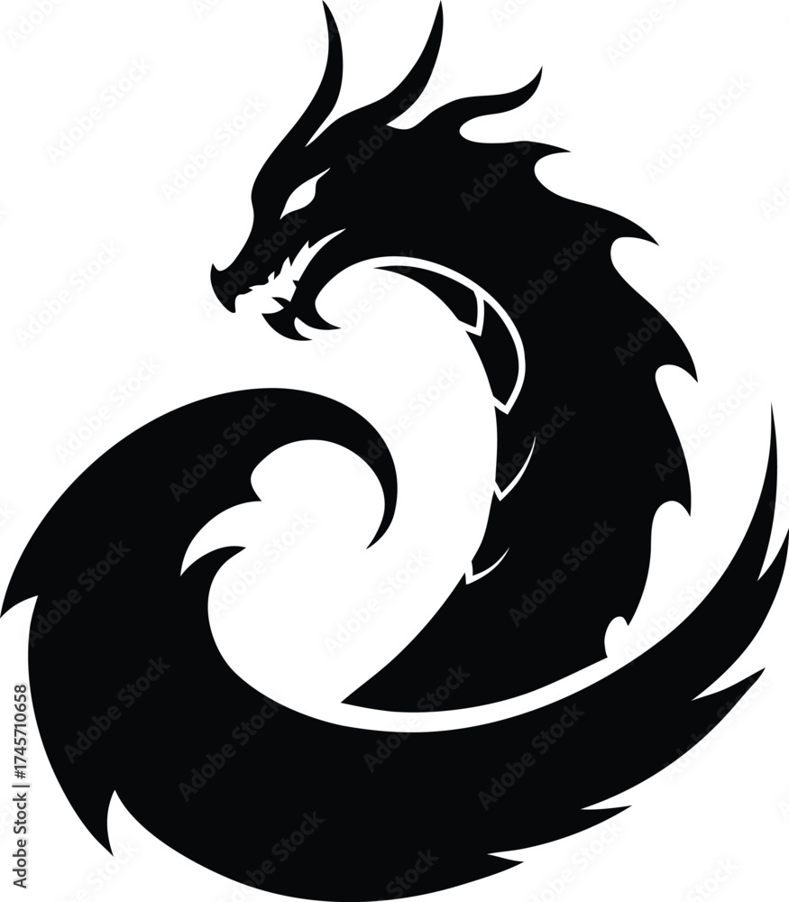 Naklejka premium Stylized black dragon silhouette coiled in a dynamic wave shape silhouette isolated on white background isolated on transparent background