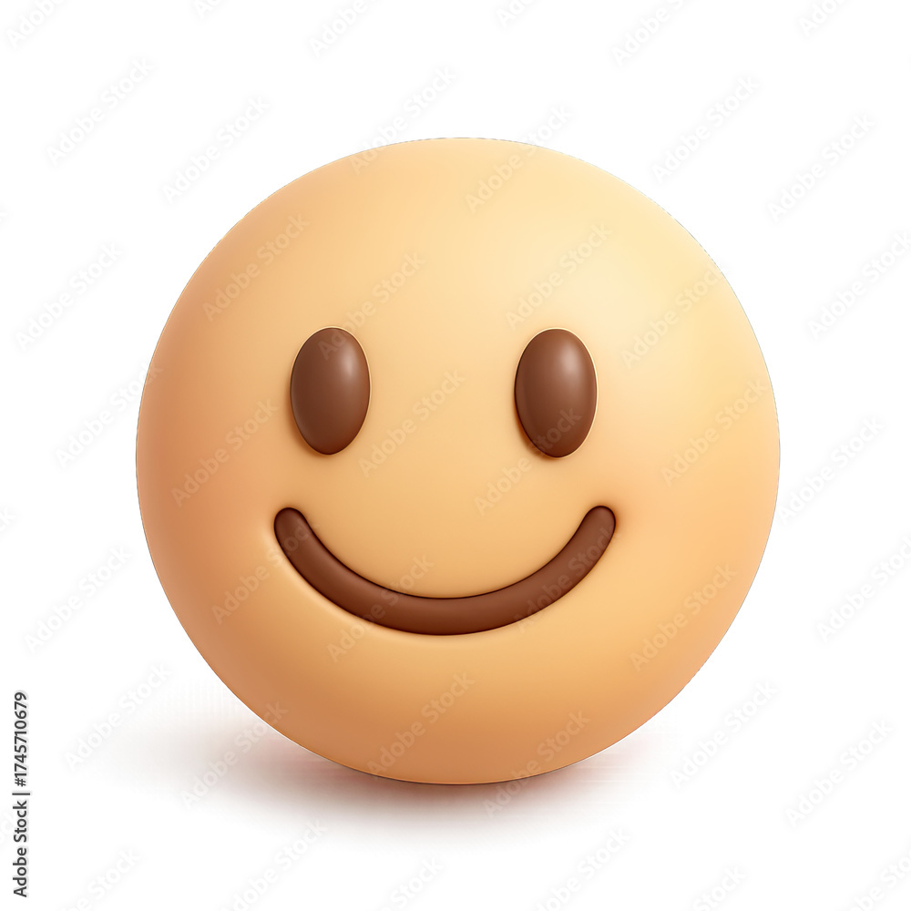 Fototapeta premium A glowing 3D smiley face emoji, cream-colored with brown eyes and a smooth smile, radiating happiness on a dark background. This friendly, optimistic digital icon symbolizes joy, positive emotion for
