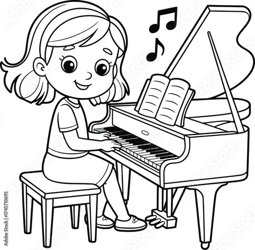 Young woman musician sitting at a desk playing a digital piano keyboard, like a pianist practicing on a laptop for a job