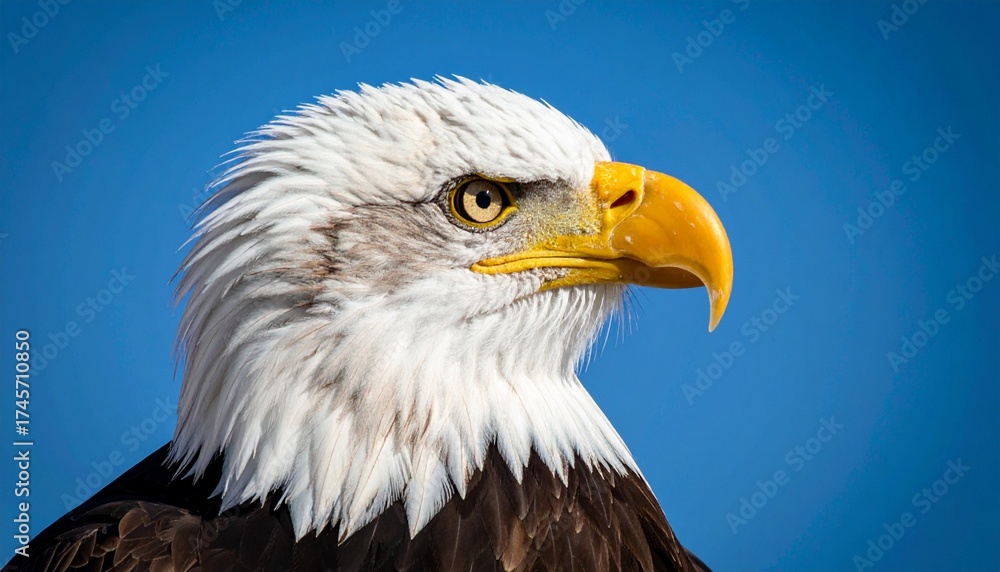 Fototapeta premium Close-up of a majestic bald eagles head with a sharp gaze against a clear blue sky.