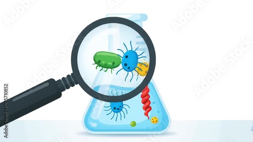 Bacteria and microorganisms dynamically moving under a magnifying glass in a laboratory flask, showing science and research in action