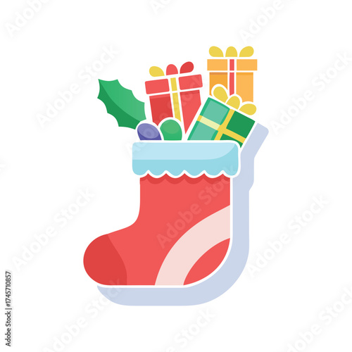 Christmas stocking filled with gifts and decorations hanging for holiday celebration