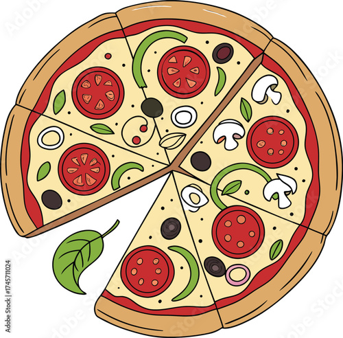 Gourmet Pizza with a Variety of Toppings Including Pepperoni Tomatoes Mushrooms Olives and Basil Against a Clean White Background