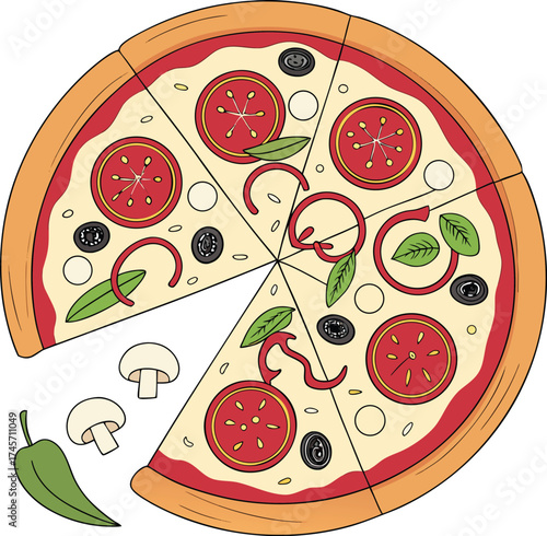 Vibrant Top Down View of a Freshly Baked Pizza with Pepperoni Mushrooms Olives and Fresh Basil on a Golden Brown Crust