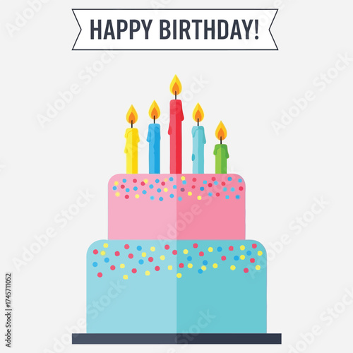 Vibrant flat design birthday cake illustration with lit candles and festive banner, symbolizing joyful celebrations and sweet moments perfect for any special occasion or party