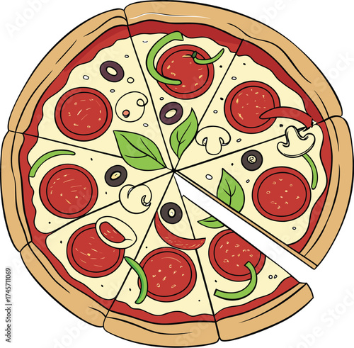 Close Up of a Delicious Pizza Featuring Pepperoni Green Bell Peppers Tomatoes Mushrooms and Black Olives on a Crispy Crust
