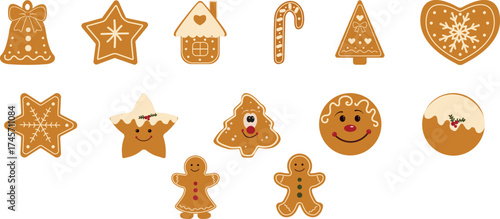 Vector clipart set of Christmas gingerbread cookies in various festive shapes — stars, trees, bells, hearts, and gingerbread people
